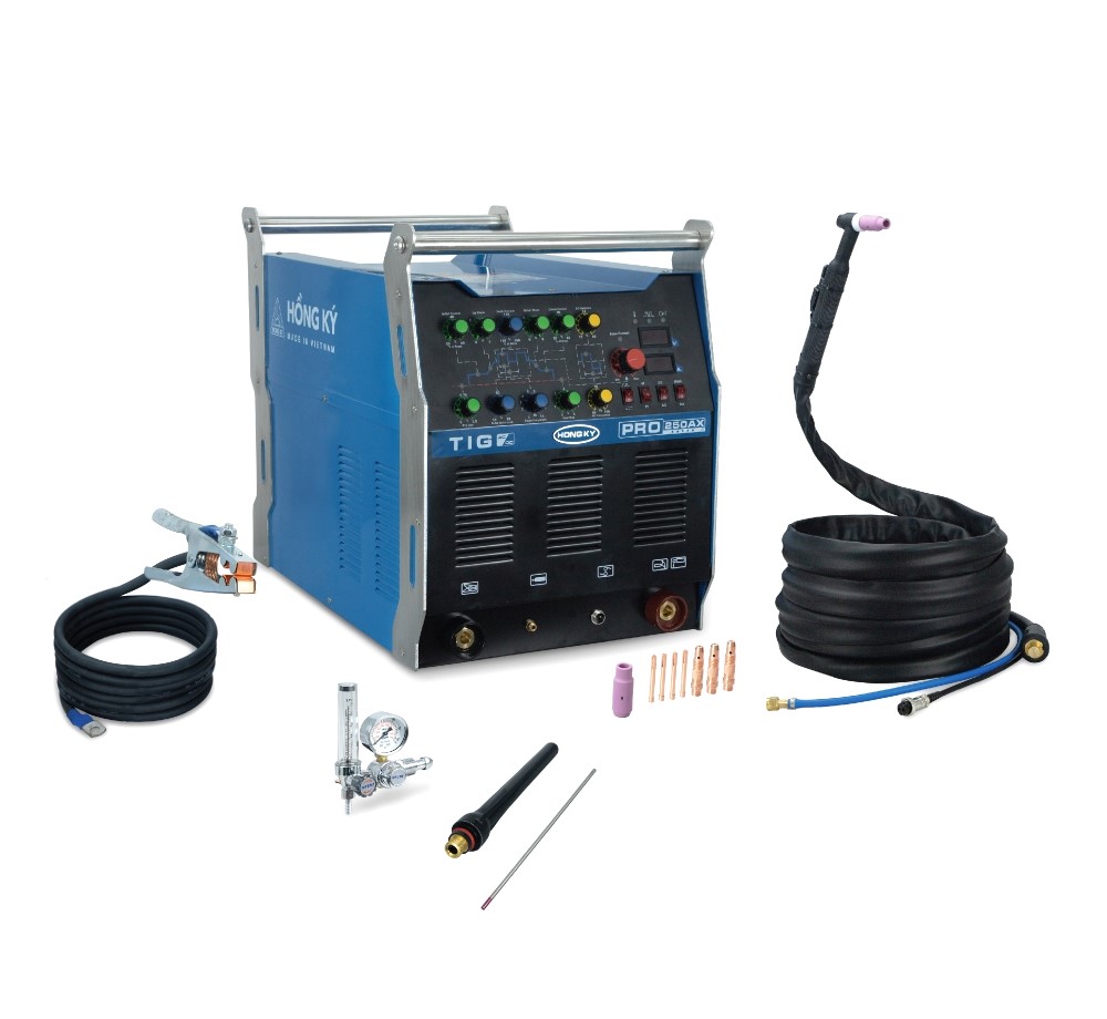 The TIG250AXPRO Hong Ky welding machine, with TIG and MMA welding capabilities and a 250A power output, is suitable for aluminum welding.