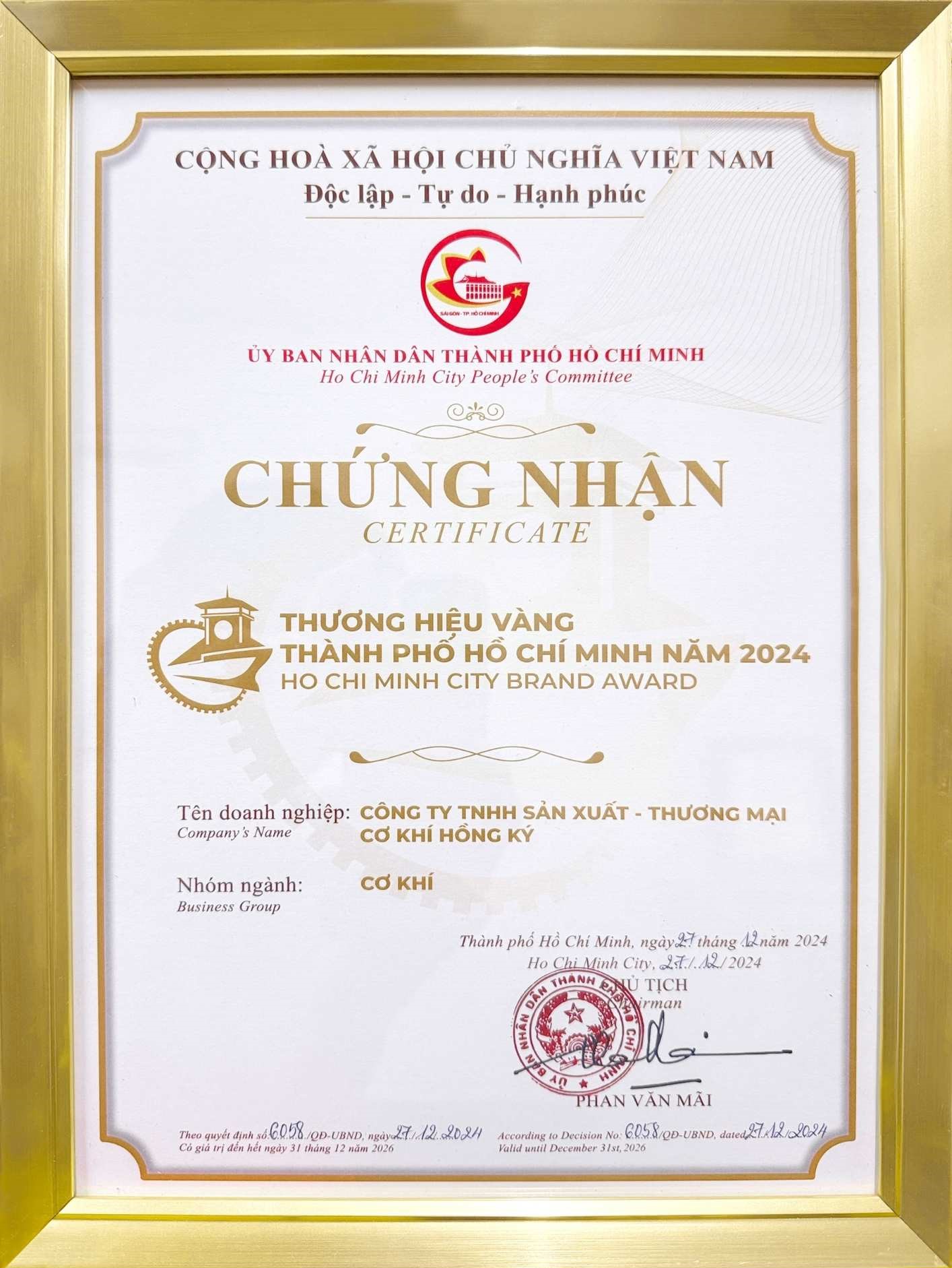 Giấy chứng nhận Thương hiệu Vàng TP.HCM