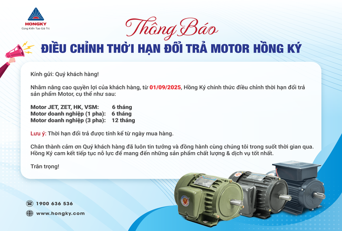 Thông báo điều chỉnh thời hạn đổi trả motor
